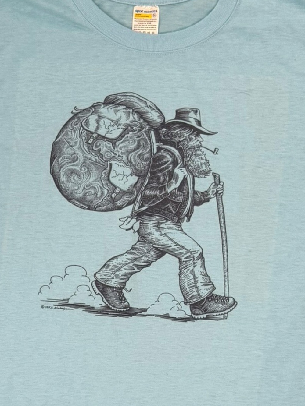VTG 1982 Sport Science World Hiker Graphic T Shirt XL Made USA Blue Backpacker